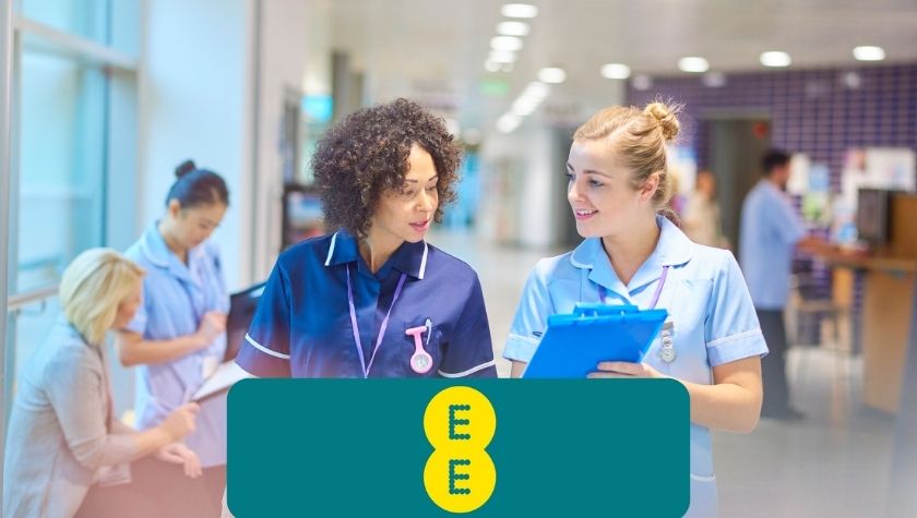 ee nhs discount - two nurses talking about phones