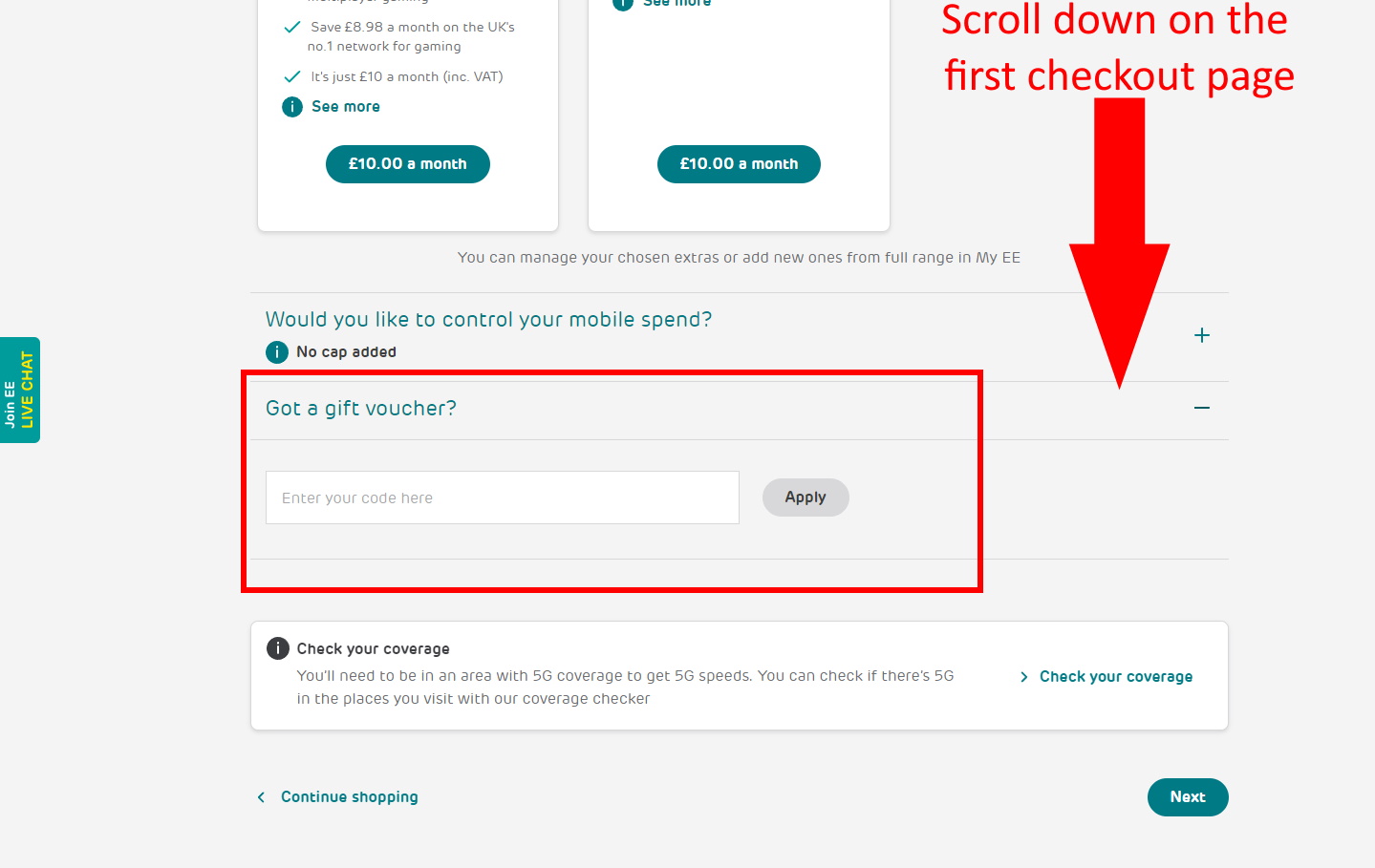 ee mobile discount scroll to bottom of page and enter code
